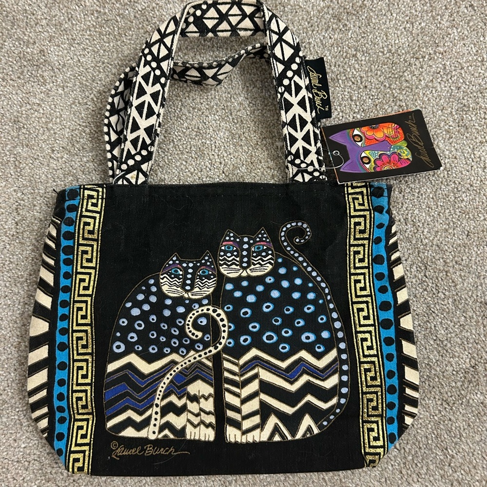 Laurel Burch Black and Blue Cat Design Tote Bag